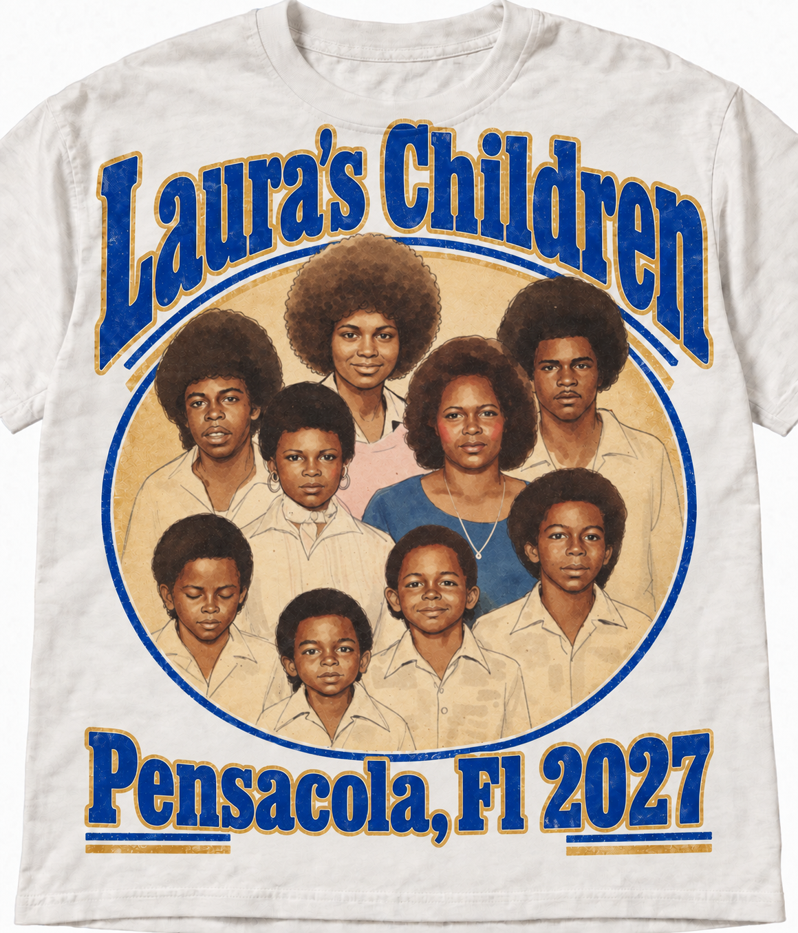 Laura’s Children T-shirt with a family portrait and Pensacola, Fl 2027 lettering